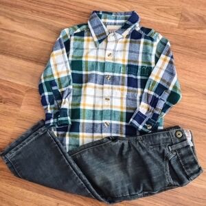 Set Long Sleeves Plaid Shirt And Jeans, Size 2T